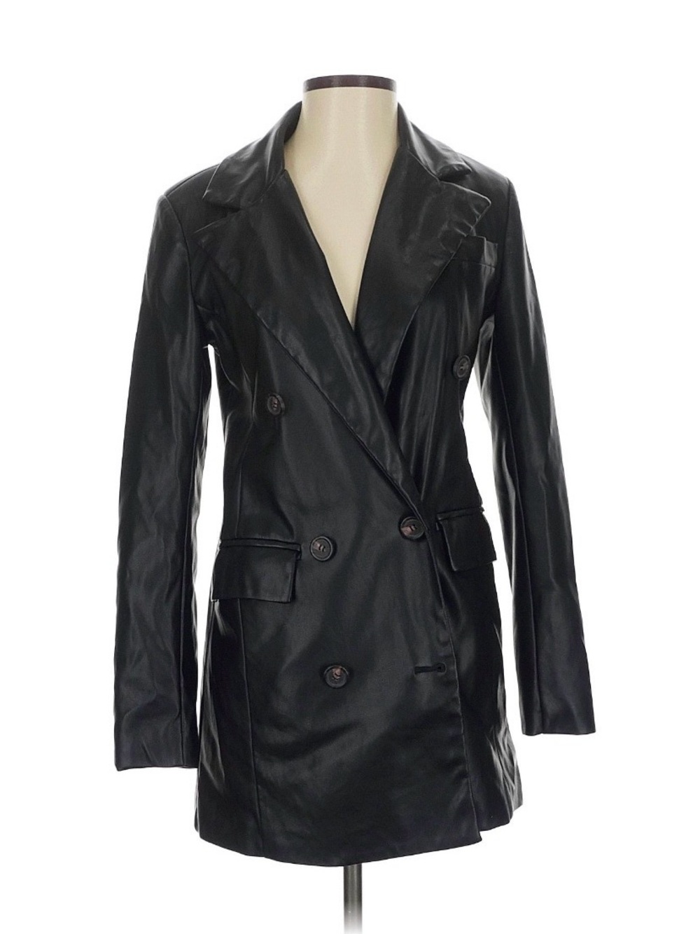 Double-Breasted Black Leather Blazer Jacket - Women. Size XS - S